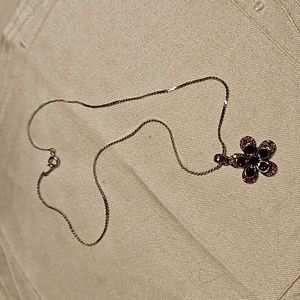 Purple Crystal and Rhinestone Daisy Flower Silver-tone Necklace